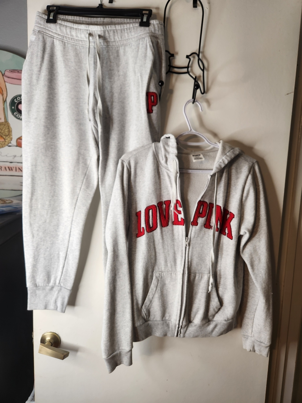 PINK Victoria's Secret Gray Hoodie And Joggers with Red LOVE PINK Logo